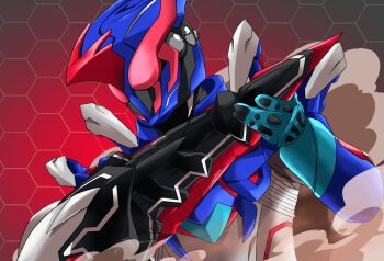 1boy armor aura blue_armor blue_gloves bodysuit compound_eyes drill_hand gloves glowing glowing_eyes hercules_beetle hercules_beetle_genome highres kamen_rider kamen_rider_destream kamen_rider_revice komodo_dragon komodo_dragon_genome miyabi_(037) red_background red_eyes sky smoke tokusatsu white_bodysuit