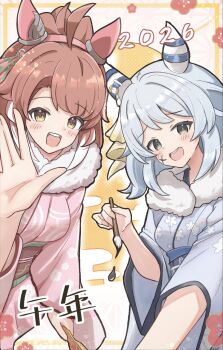 Rule 34 | 2girls, ahoge, animal ears, blue kimono, blush, bow, breasts, brown eyes, brown hair, calligraphy, calligraphy brush, checkered ribbon, commentary request, dantsu flame (umamusume), ear covers, ear ribbon, grey hair, hair between eyes, hairband, highres, hishi miracle (umamusume), holding, holding calligraphy brush, holding paintbrush, horse ears, horse girl, ink, ink on face, japanese clothes, kimono, large breasts, looking at viewer, medium breasts, medium hair, multicolored hair, multiple girls, open mouth, paintbrush, pink hairband, pink kimono, smile, sunanuko (ramuneko), umamusume, white hair