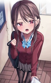 1girl :o bag bangs_pinned_back black_pantyhose blue_bag blue_bow blue_bowtie blush bow bowtie braid brown_hair cardigan chigusa_minori collared_shirt commentary_request cowboy_shot dress_shirt flustered grey_skirt hair_between_eyes hair_ornament heart heart-shaped_pupils highres holding_another's_wrist indoors kokoro_iroduku_koi_ga_shitai long_hair long_sleeves looking_at_viewer low_twin_braids momiji_ayaka open_mouth pantyhose plaid_bow plaid_bowtie plaid_clothes pleated_skirt pov pulling red_cardigan red_eyes school_bag shirt sidelocks skirt sleeves_past_wrists solo_focus sweatdrop symbol-shaped_pupils translation_request twin_braids white_shirt x_hair_ornament