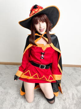 Rule 34 | 1girl, :p, absurdres, asymmetrical legwear, belt, black cape, black hat, blunt bangs, breasts, brown hair, cape, cosplay, cosplay photo, dress, floor, full body, hat, highres, indoors, kneeling, kono subarashii sekai ni shukufuku wo!, long hair, looking at viewer, megumin, megumin (cosplay), mismatched legwear, on floor, orange trim, photo (medium), red dress, red eyes, rug, sidelocks, single thighhigh, small breasts, smile, solo, stelarhoshi, teeth, thighhighs, tongue, tongue out, upper teeth only, wall, witch hat