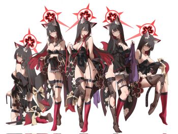 1girl animal_ear_fluff animal_ears black_hair blue_archive breasts colored_inner_hair commentary fox_ears fox_girl fox_tail halo highres kneeling large_breasts multicolored_hair multiple_views playboy_bunny red_hair red_ribbon ribbon simple_background sitting skirt smile standing symbol-only_commentary tail thick_thighs thighs vam_(js_vam) wakamo_(blue_archive) white_background yellow_eyes