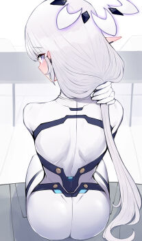 absurdres ass back back_focus blu_berry blue_archive blush bodysuit commentary english_commentary from_behind halo highres himari_(blue_archive) himari_(bodysuit)_(blue_archive) holding holding_own_hair long_hair looking_back multicolored_halo pointy_ears purple_eyes simple_background two-tone_halo very_long_hair white_background white_bodysuit white_hair white_halo