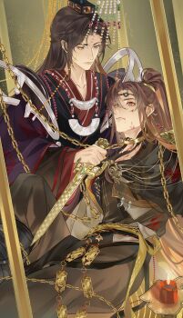 Rule 34 | 2boys, absurdres, belt, black boots, black hanfu, black robe, blood, blood on clothes, blood on face, boots, brown eyes, brown hair, candle, cape, chain, chain belt, chained, changmingsuo, chinese clothes, chinese commentary, closed mouth, collar, collarbone, commentary request, crying, crying with eyes open, curtained hair, cuts, dagger, eye contact, feet out of frame, gold collar, gongzi xiyu, grey pants, guan hat, hair between eyes, half updo, hanfu, head chain, high ponytail, highres, holding, holding dagger, holding knife, holding weapon, hua yi shanxin zhiyue, injury, iron bars, jewelry, ji yuanqi, knee up, knife, lips, long hair, long sleeves, looking at another, male focus, mian guan, multiple boys, official alternate costume, pants, pants tucked in, parted bangs, ponytail, purple cape, red hanfu, red robe, reverse grip, robe, sash, shoulder guard, side part, sidelocks, sitting, tears, the prince (hua yi shanxin zhiyue), torn clothes, upper body, very long hair, waist sash, weapon, wide sleeves, yellow sash