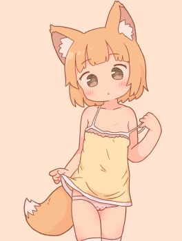 1girl :< animal_ears blonde_hair blush brown_eyes cameltoe clothes_lift collarbone dress dress_lift flat_chest fox_ears fox_girl fox_tail irohiza loli looking_at_viewer original panties pink_panties short_hair sleeveless sleeveless_dress standing strap_pull tail thighhighs underwear white_thighhighs yellow_dress