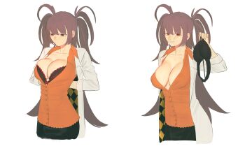 1girl bra breasts brown_hair buttons cleavage collarbone dr._arach highres holding holding_bra holding_underwear holding_unworn_clothes jacket large_breasts leodot long_hair multicolored_clothes orange_eyes orange_shirt patterned_clothing removing_bra shirt simple_background smile solo tsukihime tsukihime_(remake) twintails underwear white_background white_jacket