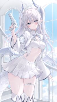 Rule 34 | 1girl, absurdres, blue eyes, blue sky, breasts, cleavage, commentary request, crop top, day, dragon girl, dragon horns, dragon tail, gun, hair between eyes, hand up, handgun, highres, holding, holding gun, holding weapon, horns, indoors, klee-on, long hair, long sleeves, looking at viewer, low wings, medium breasts, midriff, miniskirt, navel, neck ribbon, on stairs, original, pointy ears, ribbon, shrug (clothing), silver horns, skirt, sky, solo, stairs, standing, tail, thigh strap, thighhighs, thighs, very long hair, weapon, white hair, white ribbon, white shrug, white skirt, white tail, white thighhighs, window, wings