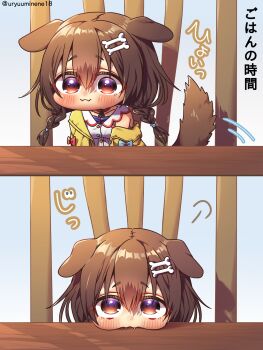 1girl :3 animal_ears artist_name bone_hair_ornament braid brown_eyes brown_hair brown_tail chair chibi closed_mouth collar commentary_request dog_ears dog_girl dog_tail dot_nose fangs hair_between_eyes hair_ornament harumina_mau highres hololive indoors inugami_korone inugami_korone_(1st_costume) jacket long_hair looking_at_viewer off_shoulder pout puffy_cheeks smile solo table tail tail_wagging translation_request twin_braids twitter_username virtual_youtuber wooden_table yellow_jacket