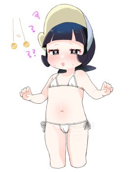 1girl ? bikini black_eyes black_hair blush cameltoe coin commentary_request cropped_legs eyelashes grey_pupils half-closed_eyes holed_coin hypnosis loli medium_hair mind_control motion_lines nakajima_lupus navel nintendo open_mouth pendulum pokemon pokemon_sv poppy_(pokemon) side-tie_bikini_bottom simple_background smile solo squiggle string sweat swimsuit watermark white_background white_bikini