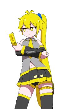 2girls akita_neru animated ankha_zone_(meme) antenna_hair atena_fumei black_sleeves blonde_hair bright_pupils cellphone commentary_request cowboy_shot crossed_arms double-parted_bangs flip_phone from_below grey_shirt hair_between_eyes highres holding holding_phone long_hair meme multiple_girls necktie pearto phone shirt side_ponytail simple_background solo_focus sound standing tagme very_long_hair video vocaloid we_like_to_party! white_background white_pupils yellow_eyes yellow_necktie yellow_trim yowane_haku