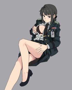 1girl black_bra black_eyes black_footwear black_hair black_jacket black_neckwear blush bra breasts epaulettes expressionless grey_background grey_shirt hand_on_own_thigh highres id_card jacket korean_commentary korean_text lace lace-trimmed_bra lace_trim medium_breasts military military_dress_uniform military_uniform open_clothes original self_exposure shirt solo thighs underwear wani_(perfect_han)