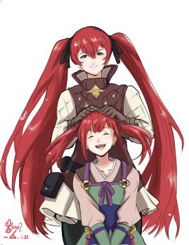 Rule 34 | 2girls, black ribbon, commentary, english commentary, fire emblem, fire emblem fates, hair between eyes, hair ribbon, highres, japanese clothes, kaen (yoltablaze), midori (fire emblem), mother and daughter, multiple girls, nintendo, open mouth, red hair, ribbon, selena (fire emblem fates), smile, twintails