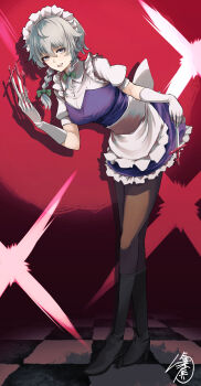 1girl absurdres apron bat_wings between_fingers blush bow braid breasts dress green_bow grey_hair hair_bow hat highres holding holding_knife izayoi_sakuya knife knives_between_fingers long_hair maid maid_headdress open_mouth ribbon short_hair smile solo touhou twin_braids waist_apron wings yagoro_kusuriya