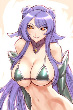 Rule 34 | 1girl, arms behind back, bare shoulders, battle spirits, battle spirits: brave, bikini, blue hair, blush, breasts, brown eyes, cleavage, curvy, detached collar, detached sleeves, double bun, female focus, gem, gilfam joou, hair bun, hip focus, large breasts, lipstick, long hair, looking at viewer, makeup, mature female, micro bikini, narrow waist, naughty face, navel, orange eyes, parted bangs, purple hair, queen gilfam, shiny clothes, sideboob, sidelocks, simple background, sketch, skindentation, smile, solo, string bikini, swimsuit, ueyama michirou, underboob, upper body, very long hair