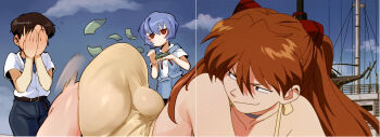 1boy 2girls anime_screenshot ass ass_shake asukaredraw ayanami_rei banknote bare_arms bare_shoulders blue_hair brown_hair choker cloud covering_face curvy day derivative_work doppel_(bonnypir) dress highres huge_ass ikari_shinji interface_headset_(evangelion) long_hair looking_at_another looking_back money multiple_girls neon_genesis_evangelion outdoors red_eyes school_uniform screenshot_redraw shiny_skin short_hair sky smirk smug souryuu_asuka_langley standing stitched sundress thighs third-party_edit throwing throwing_money twintails yellow_dress