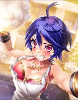 1girl adapted_costume ahoge alternate_costume angry apron arm_out_of_frame artist_request blush bra bracelet breasts cleavage clenched_teeth cream cream_on_face food food_fight food_on_face holding holding_food incoming_food jewelry large_breasts looking_at_viewer necklace official_art phantom_of_the_kill pink_eyes purple_hair red_bra teeth trishula_(phantom_of_the_kill) underwear white_apron