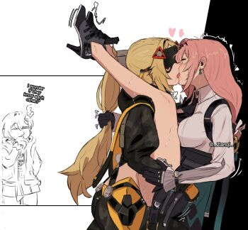 3girls absurdres against_wall belle_(zenless_zone_zero) black_gloves black_pants black_shoes black_shrug black_skirt blindfold_mask blonde_hair breast_press breasts camouflage camouflage_jacket camouflage_pants closed_eyes commentary covered_eyes cowboy_shot dress_shirt earrings english_commentary english_text fingerless_gloves french_kiss from_side gloves glowing_mask grabbing_another&#039;s_hair hair_between_eyes hair_ornament hand_on_another&#039;s_arm hand_on_own_chin hands_on_another&#039;s_waist heart high-waist_skirt highres holding_another&#039;s_hair hourglass_earrings jacket jewelry kiss large_breasts latex_pants legs_on_another&#039;s_shoulders legs_up long_hair mask motion_lines multiple_girls pants pencil_skirt pink_hair ponytail saliva shirt shoes shrug_(clothing) skirt sweat tight_clothes triangle_hair_ornament trigger_(zenless_zone_zero) tsukishiro_yanagi twitching twitter_username white_background white_shirt yuri zanqi zenless_zone_zero