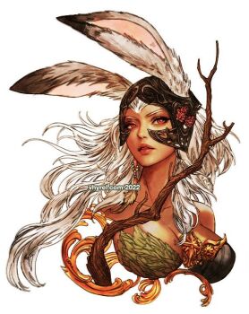 1girl animal_ears artist_name branch breasts cleavage collarbone commentary cropped_torso dark-skinned_female dark_skin dated ears_through_headwear english_commentary eyelashes final_fantasy final_fantasy_xii fran_(ff12) helmet large_breasts lips long_hair painting_(medium) rabbit_ears red_eyes solo traditional_media upper_body vhyrel viera watercolor_(medium) white_hair