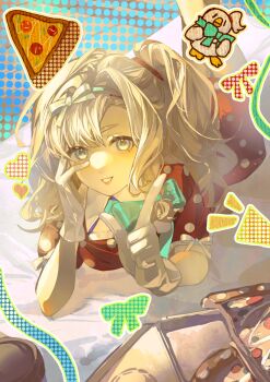 1girl absurdres aqua_bow aqua_bowtie aqua_hairband bird blue_eyes bow bowtie chelizi_(weibo_5986313927) dress duck feet_out_of_frame feet_up food gloves grey_hair grin hairband halftone halftone_background hand_on_own_face head_rest highres index_finger_raised looking_at_viewer lying matilda_bouanich matilda_bouanich_(the_great_taste_investigator) medium_hair on_stomach one_side_up pizza pizza_slice polka_dot polka_dot_dress procreate_(medium) red_dress reverse:1999 short_sleeves smile solo the_pose transparent_background white_gloves