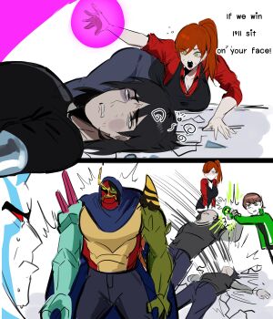 1girl 2boys absurdres alien ben_10 ben_10:_alien_force ben_10:_ultimate_alien ben_tennyson getting_up gwen_tennyson highres if_we_win_i'll_sit_on_your_face_(meme) kevin_levin kurenaiz_(kuayrenaiz) meme multiple_boys omnitrix scene_reference transformation