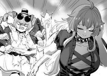 Rule 34 | 2girls, adjusting hair, afterimage, ahoge, arm up, beads, breasts, closed eyes, coat, cowboy shot, cross-laced clothes, cross-laced dress, dress, drill hair, emphasis lines, eyewear on head, facing viewer, gradient hair, greyscale, hat, hijiri byakuren, jewelry, large breasts, layered dress, long hair, meme, monochrome, multicolored hair, multiple girls, naoya hitting choso without looking (meme), necklace, nekobatake, prayer beads, punching, rapid punches, sharp teeth, shirt, sidelocks, skirt, teeth, top hat, touhou, twin drills, upper body, yorigami jo'on