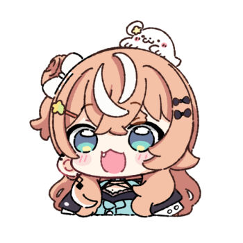 1girl :d animal animal_on_head black_bow blue_dress blue_eyes blush_stickers bow brown_hair brown_jacket chibi commentary cropped_torso dress fang hair_bow hair_bun hair_ornament hairclip igarashi_rika igarashi_rika_(1st_costume) jacket long_hair looking_at_viewer multicolored_hair nijisanji nozo_(hitomiz) on_head one_side_up open_clothes open_jacket open_mouth seal_(animal) simple_background single_side_bun smile solo star_(symbol) star_hair_ornament streaked_hair upper_body virtual_youtuber white_background white_bow white_hair