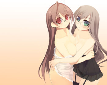 2girls ahoge black_legwear breasts camisole female_focus garter_straps glasses gradient_background kashiwamochi_yomogi lingerie long_hair multiple_girls no_panties panties red_eyes see-through siblings smile thighhighs twins underwear wallpaper yuri
