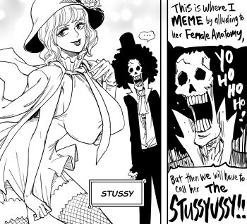 Rule 34 | ..., 1boy, 1girl, absurdres, bb (baalbuddy), breasts, brook (one piece), character name, commentary, dress, english commentary, english text, fishnet thighhighs, fishnets, greyscale, hat, highres, large breasts, looking at viewer, monochrome, one piece, open mouth, skull, sleeveless, sleeveless dress, speech bubble, stussy (one piece), surprised, thighhighs