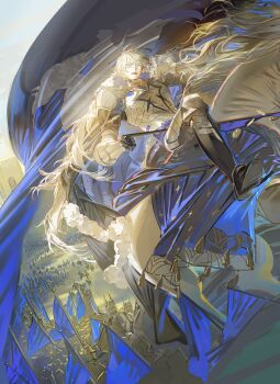 1boy absurdres armor army banner black_boots blonde_hair blue_flag boots breastplate cape castle chinese_commentary crowd dimitri_alexandre_blaiddyd dimitri_alexandre_blaiddyd_(timeskip) eyepatch fire_emblem fire_emblem:_three_houses flag floating_cape full_armor fur-trimmed_cape fur_trim gauntlets gongzuotianxiadiyi greaves hair_between_eyes highres holding holding_flag holding_reins horse horseback_riding knight male_focus medium_hair multiple_others nintendo pauldrons people plate_armor reins riding shoulder_armor sidelighting solo_focus tassel white_horse