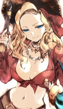 1girl blonde_hair blue_eyes breasts cleavage etrian_odyssey gun hat highres holding holding_gun holding_weapon large_breasts long_hair midriff navel pirate_(sekaiju) pirate_2_(sekaiju) pirate_hat sekaiju_no_meikyuu sekaiju_no_meikyuu_3 solo tsutsugano weapon