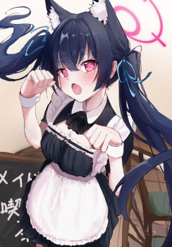 1girl :o alternate_costume animal_ear_fluff animal_ears apron black_bow black_bowtie black_dress black_hair blue_archive blue_ribbon blush bow bowtie cat_ears cat_girl cleavage_cutout clothing_cutout commentary_request cowboy_shot dress enmaided extra_ears eyelashes fang floating_hair frilled_apron frills fujiwara_haru_(nekonote) hair_between_eyes hair_ribbon halo hands_up highres indoors long_hair looking_at_viewer maid maid_apron open_mouth paw_pose pink_halo red_eyes red_pupils ribbon serika_(blue_archive) short_sleeves sidelocks slit_pupils solo twintails very_long_hair white_apron white_wrist_cuffs wrist_cuffs