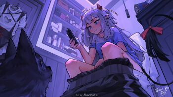 1girl black_fur black_pants black_tail blue_eyes blue_shirt breasts cellphone closed_mouth clothes_pull commentary demon_girl demon_horns demon_tail dog earrings english_commentary grey_hair highres holding holding_phone horns indie_virtual_youtuber jewelry long_hair multicolored_shirt pants pants_pull phone pointy_ears shirt smartphone solo tail toilet toilet_use vei_(vtuber) virtual_youtuber zepocketdroid