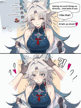 2girls alt_text animal_ears aqua_eyes aqua_hair aqua_shirt bare_shoulders black_gloves blush breasts chat_log commentary distr earrings english_commentary feixiao_(honkai:_star_rail) forehead_jewel fox_ears fox_girl gloves grabbing_another's_ear grey_hair hand_on_another's_ear highres honkai:_star_rail honkai_(series) jacket jewelry large_breasts long_hair multicolored_hair multiple_girls paid_reward_available pom-pom_(honkai:_star_rail) pov pov_hands shirt smile stelle_(honkai:_star_rail) trailblazer_(honkai:_star_rail) two-tone_hair very_long_hair white_jacket