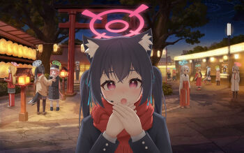 6+girls absurdres animal_ears black_hair black_jacket blue_archive cat_ears cat_girl chinese_commentary commentary_request dsfr halo hands_up highres jacket layered_sleeves long_hair looking_at_viewer multiple_girls open_mouth outdoors pink_eyes pink_halo red_scarf scarf serika_(blue_archive) shirt torii twintails upper_body white_shirt