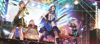 5girls aqua_eyes aqua_hair bare_arms bare_legs bass_guitar black_boots black_gloves black_hair black_jacket black_skirt black_socks black_thighhighs blonde_hair blue_eyes boots bow bowtie brown_hair commentary concert daniel_deng drum drum_set drumsticks electric_guitar english_commentary fingerless_gloves gloves green_eyes green_jacket grey_hair guitar hatsune_miku highres hinomori_shiho hoshino_ichika_(project_sekai) instrument jacket keyboard_(instrument) leo/need_(project_sekai) leo/need_miku long_hair medium_hair microphone microphone_stand mochizuki_honami multicolored_hair multiple_girls music open_clothes open_jacket pink_bow pink_bowtie playing_instrument project_sekai red_eyes red_jacket red_streaks ribbon shirt short_hair side_ponytail single_glove skirt sleeveless sleeveless_shirt socks speaker stage stage_lights streaked_hair tenma_saki thighhighs twintails vocaloid white_shirt wrist_ribbon yellow_jacket