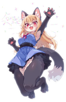 1girl :3 akuma_gaoru animal_ears animal_feet animal_nose arm_up bare_arms bare_legs barefoot black_fur blonde_hair blue_dress blush body_fur bow bowtie breasts claws commentary_request dress fangs full_body furry furry_female futaba_channel highres jumping kolshica long_hair looking_at_viewer open_mouth pawpads red_bow red_bowtie red_eyes short_dress simple_background skin_fangs sleeveless sleeveless_dress smile solo tail thighs v-shaped_eyebrows white_background