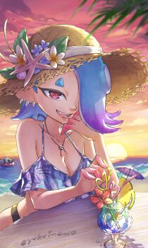 1girl alternate_costume artist_name beach big_man_(splatoon) blue_hair blurry blurry_foreground breasts cephalopod_eyes cleavage collarbone commentary_request cup drink drinking_glass drinking_straw earrings flower gradient_hair gradient_sky hair_over_one_eye hat hat_flower highres horizon jewelry long_hair multicolored_hair multiple_earrings necklace nintendo octoling open_mouth outdoors purple_hair red_eyes shiver_(splatoon) short_eyebrows sky smile solo_focus splatoon_(series) splatoon_3 straw_hat sun table teeth tentacle_hair thick_eyebrows tooth_earrings two-tone_hair yokoi_aya