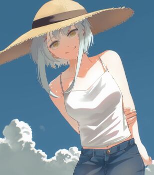 Rule 34 | 1girl, arms behind back, bare arms, bare shoulders, blue pants, blue sky, breasts, camisole, closed mouth, cloud, collarbone, day, denim, hair ornament, hairclip, hand on own arm, hat, highres, ice morinaka, leaning to the side, medium breasts, navel, original, outdoors, pants, short hair with long locks, sky, smile, solo, split mouth, straw hat, white camisole, white hair, yellow eyes, yellow hat