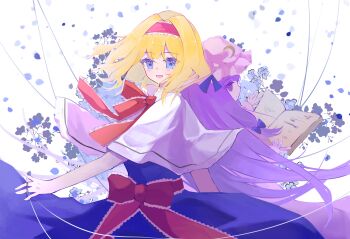 Rule 34 | 2girls, :d, absurdres, alice margatroid, bell, blonde hair, blue bow, blue eyes, book, bow, capelet, commentary request, crescent, crescent hat ornament, dress, dress shirt, floral background, frilled hairband, frills, from behind, from side, hair bell, hair bow, hair ornament, hairband, hat, hat ornament, highres, holding, holding book, long dress, long hair, long sleeves, looking at viewer, mob cap, multiple girls, neck ribbon, open book, open mouth, patchouli knowledge, pink hat, purple dress, purple eyes, red ribbon, ribbon, shenjianwuzhi, shirt, short hair, sleeves past wrists, smile, touhou, turning head, waist ribbon, white capelet