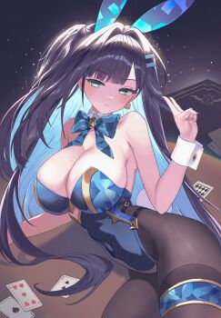 1girl abigail_(black_survival) abigail_(poker_face)_(black_survival) absurdres animal_ears armpit_crease bare_shoulders black_hair black_survival blue_eyes blue_hair blue_leotard bow bowtie breasts brown_pantyhose card cleavage closed_mouth clothing_cutout colored_inner_hair covered_navel cutout_above_navel detached_collar earrings eternal_return:_black_survival fake_animal_ears hair_ornament hairclip highleg highleg_leotard highres index_finger_raised jewelry large_breasts leotard multicolored_hair nail_polish official_alternate_costume one_side_up pantyhose playboy_bunny playing_card q_cupid_p3 rabbit_ears solo strapless strapless_leotard thighlet two-tone_hair wrist_cuffs