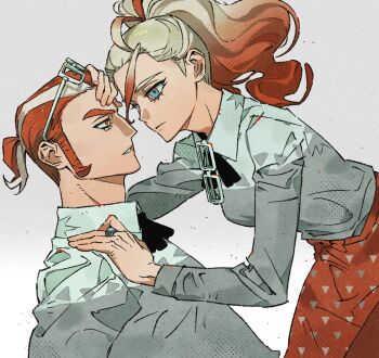 1boy 1girl apron black_bow black_bowtie blue_eyes bow bowtie cowlick eye_contact eyewear_hang eyewear_on_head glasses gradient_hair griselle_(pokemon) grisham_(pokemon) hair_pulled_back hetero highres jewelry looking_at_another lower_eyelashes_only luye_unknows multicolored_hair nintendo orange_apron parted_lips pokemon pokemon_legends:_z-a ponytail red_eyes ring shirt short_ponytail sideburns two-tone_hair unworn_eyewear upper_body waist_apron wavy_hair white-framed_eyewear white_shirt