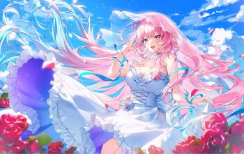 1girl aqua_hair bare_shoulders blue_sky breasts bridal_veil cleavage cyrene_(honkai:_star_rail) cyrene_(ripples_of_past_reverie)_(honkai:_star_rail) diamond-shaped_pupils diamond_(shape) dress flower gradient_hair hashtag-only_commentary highres honkai:_star_rail honkai_(series) large_breasts long_hair multicolored_hair outdoors pink_hair pointy_ears purple_eyes red_flower red_rose rose sky solo soymilk_arts2 symbol-shaped_pupils veil very_long_hair white_dress