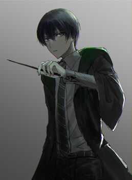 1boy belt black_hair black_robe collar grey_background harry_potter_(series) hogwarts_school_uniform holding holding_wand male_focus natto_oc necktie parted_lips regulus_black robe school_uniform short_hair simple_background skull slytherin solo striped_necktie sweat sweatdrop wand wing_collar wizarding_world
