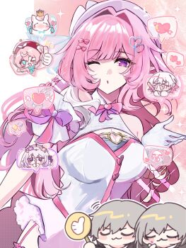 Rule 34 | > <, 1boy, 3vvv3, 5girls, ;o, absurdres, alternate costume, arrow through heart, beret, breasts, caelus (honkai: star rail), castorice (honkai: star rail), commentary, crying emoji, cyrene (demiurge) (honkai: star rail), cyrene (honkai: star rail), diamond-shaped pupils, diamond (shape), dress, dual persona, emoji, glowstick, grey hair, hat, heart, highres, holding, holding glowstick, honkai: star rail, honkai (series), hyacine (honkai: star rail), large breasts, little ica (honkai: star rail), march 7th (honkai: star rail), multiple girls, one eye closed, pegasus, pink hair, pointy ears, purple eyes, spoken heart, stelle (honkai: star rail), symbol-only commentary, symbol-shaped pupils, thumbs up, trailblazer (honkai: star rail), white dress