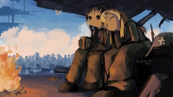 2girls absurdres black_hair blonde_hair campfire chito_(shoujo_shuumatsu_ryokou) city combat_helmet commentary cup english_commentary factor_j fire gun head_on_another's_shoulder helmet highres mug multiple_girls nuko_(shoujo_shuumatsu_ryokou) rifle shoujo_shuumatsu_ryokou sitting smile steam twitter_username unworn_headwear unworn_helmet weapon yuri yuuri_(shoujo_shuumatsu_ryokou)