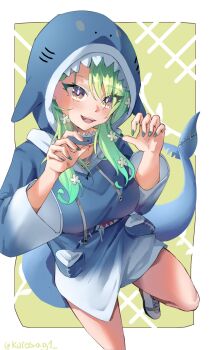 Rule 34 | 1girl, animal costume, animal hood, asymmetrical bangs, blue hoodie, breasts, ceres fauna, claw pose, commentary, cosplay, fingernails, flower, gawr gura, gawr gura (1st costume), gawr gura (cosplay), gradient sleeves, green hair, green nails, hair flower, hair ornament, highres, hololive, hololive english, hood, hood up, hoodie, large breasts, long fingernails, long hair, long sleeves, looking at viewer, nail polish, no pants, open mouth, pyrokuro, shark costume, shark hood, shoes, smile, sneakers, solo, twitter username, virtual youtuber, white shoes, wide sleeves, yellow eyes