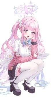 1girl alternate_costume alternate_hairstyle angel_wings black_bow black_footwear black_scrunchie black_skirt blue_archive blue_bow blue_nails blush bow breasts buttons cardigan cellphone center_frills cleavage cleavage_cutout clothing_cutout collared_shirt commentary crescent cross feathered_wings fingernails food-themed_ornament footwear_bow frilled_shirt frilled_shirt_collar frilled_skirt frills full_body gradient_bow gradient_hair hair_bow hair_intakes hair_ornament hair_scrunchie halo hand_on_own_cheek hand_on_own_face heart heart_button highres large_breasts long_hair long_sleeves looking_at_viewer low_wings md5_mismatch miho_(mymiho) mika_(blue_archive) multicolored_hair nail_polish open_mouth phone pink_bow pink_cardigan pink_hair pink_halo platform_footwear pleated_skirt pocket pump raised_eyebrows scrunchie shirt short_sleeves simple_background skirt sleeves_past_wrists smartphone smile solo squatting starry_sky_print thigh_bow thighhighs thighs twintails v very_long_hair white_background white_bow white_scrunchie white_shirt white_thighhighs white_wings wings wrist_scrunchie yellow_eyes