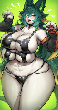 1girl :d abs absurdres animal_ear_fluff animal_ears bare_shoulders bikini black_bikini black_choker black_sleeves blush breasts choker commentary_request detached_sleeves extra_breasts furry furry_female green_background green_eyes green_hair hands_up highres large_breasts long_hair long_sleeves looking_at_viewer o-ring o-ring_bikini open_mouth original sideboob smile snout solo suurin_(ksyaro) swimsuit thick_thighs thighs white_fur wide_hips