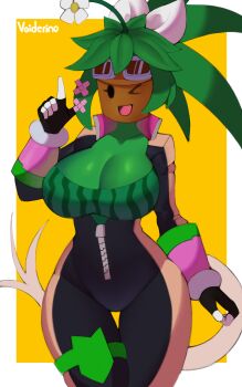 1girl absurdres artist_name blaster_master_zero bodysuit breasts cleavage colored_skin flower flower_on_head food_print fruit_print goggles green_skin highres huge_breasts kanna_(blaster_master_zero) monster_girl one_eye_closed open_mouth plant plant_girl tail voiderino watermelon_print wink zipper