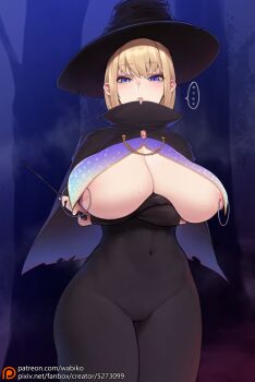 ... 1girl areola_slip bad_id bad_pixiv_id blonde_hair blush bodysuit breasts cape cleavage commentary_request covered_navel crossed_arms eyeliner forest groin hat highres holding holding_wand kakuchou_no_ou large_breasts looking_at_viewer makeup nature nipple_piercing original parted_lips piercing purple_eyes revealing_clothes solo spoken_ellipsis sweat torn_clothes wabiko1126 wand witch_hat