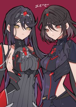2girls android black_hair breasts chest_jewel core_crystal_(xenoblade) evi_fly0527 forehead_protector garter_straps highres long_hair looking_at_viewer medium_breasts multiple_girls mythra_(massive_melee)_(xenoblade) mythra_(xenoblade) official_alternate_color pantyhose pantyhose_under_shorts pyra_(xenoblade) red_eyes short_hair shorts simple_background tiara upper_body xenoblade_chronicles_(series) xenoblade_chronicles_2
